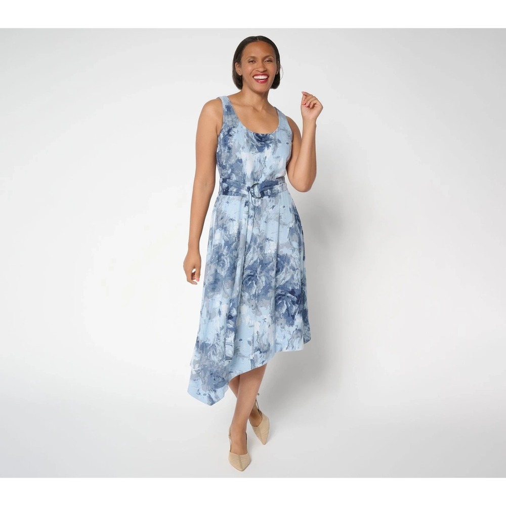 Me by Jennie Garth Petite Printed Linen Blend Midi Dress Navy:Petite 3X